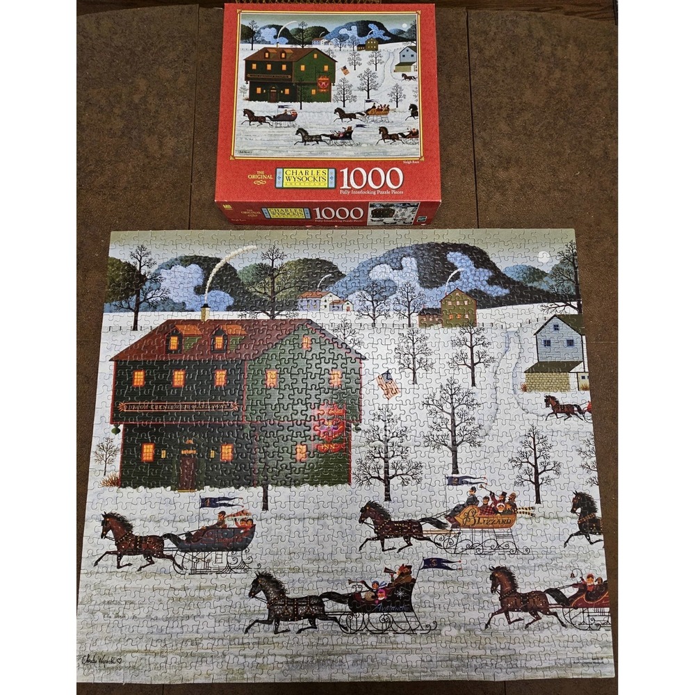 VTG Charles Wysocki 1000 Piece Puzzle SLEIGH RACE Americana Hasbro MB Complete